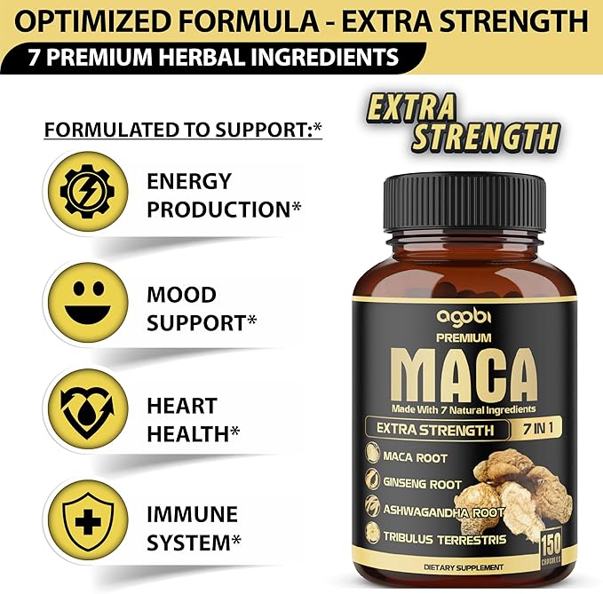 Agobi 7in1 Premium Maca Root Capsules with Ashwagandha, Ginseng, Tribulus Terrestris and More - Natural Energy, Performance and Mood Support - 60 Capsules