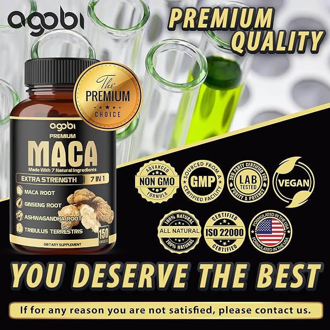 Agobi 7in1 Premium Maca Root Capsules with Ashwagandha, Ginseng, Tribulus Terrestris and More - Natural Energy, Performance and Mood Support - 60 Capsules