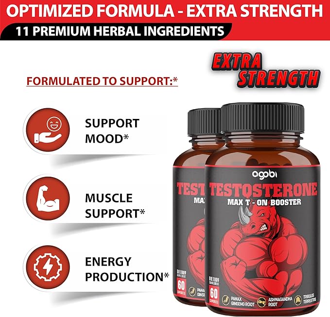 Agobi Testosterone Booster for Men, Muscle Build, Energy & Endurance Support - 11 Herbs Combined with Ginseng, Ashwagandha, Tribulus & More - 60 Capsules